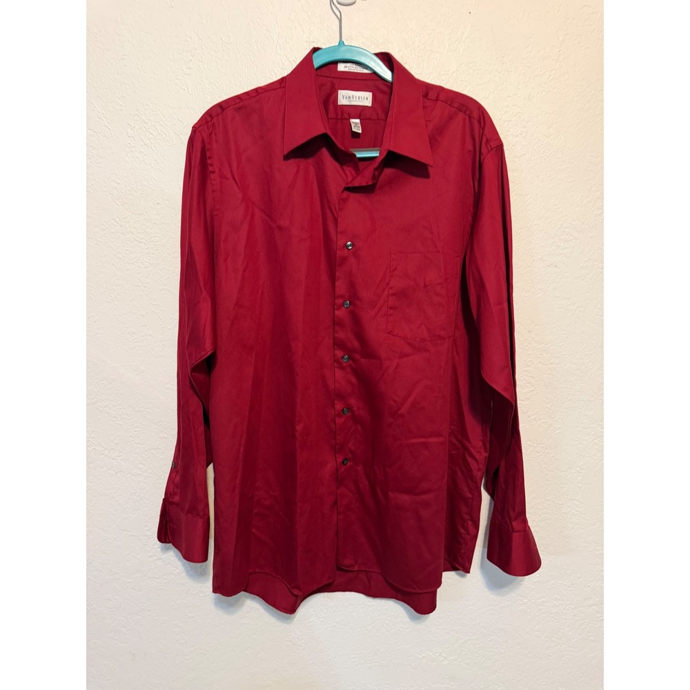 Van Heusen Lux Sateen Red‎ Dress Shirt Mens XL 17 34/35 Wrinkle Free Button Down